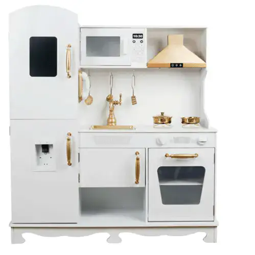 מטבח עץ לבן וזהב גדול דגם לורין כולל כיריים אלקטרוניים ארון אחסון ועוד