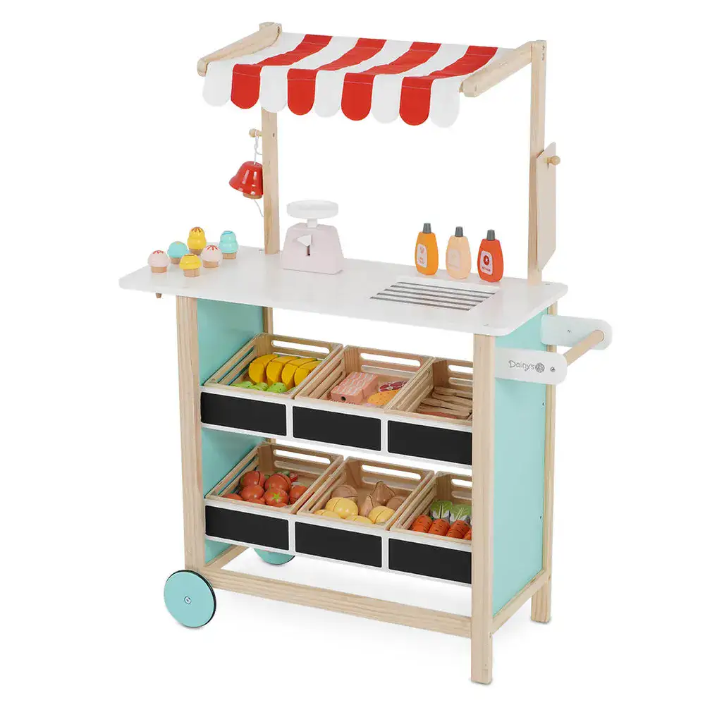 דוכן פירות וירקות מהמם מעץ הכולל 81 חלקים. חוויה לכל ילד/ילדה.