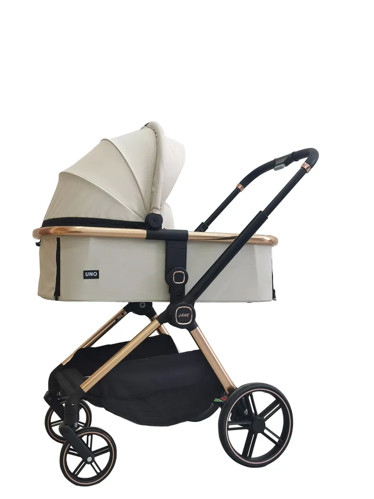 עגלת תינוק -ג';אנה JANE מבית UNO צבע שחור מרכב רוז גולד עגלה משולבת הכוללת אמבטיה וטיולון דו כיווני בעיצוב מדהים