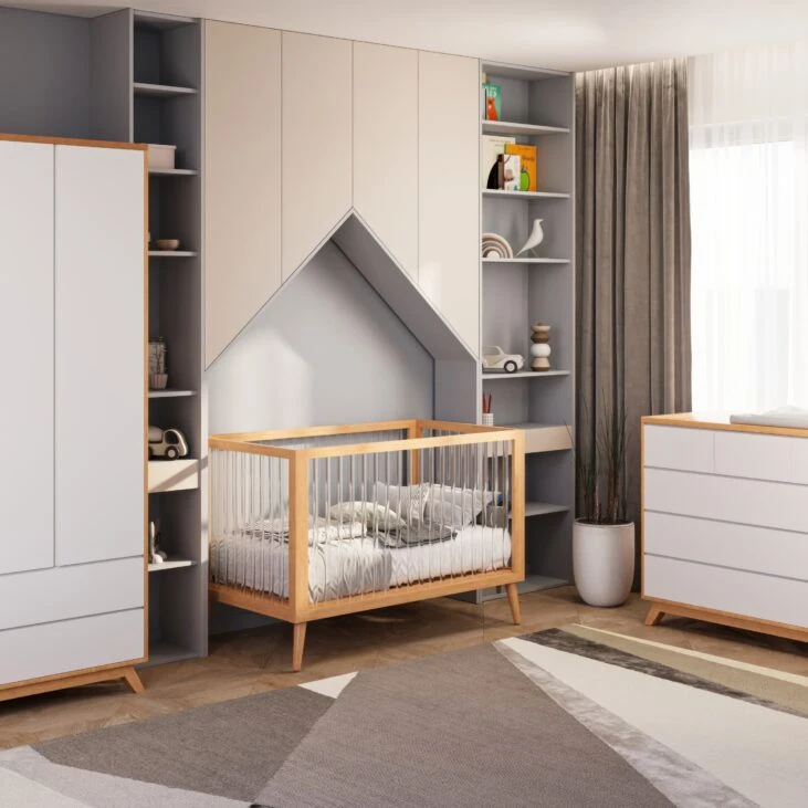חדר לתינוק הונג קונג- טריקה שקטה חדר שינה המשלב גווני לבן ועץ שידה 100 ס";מ