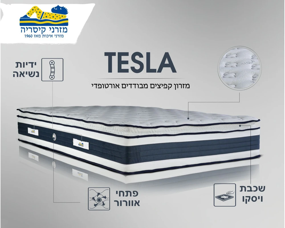מזרן איכותי חדש דגם TESLA הכולל שכבת נוחות ומס'; שכבות שכוללות קפיצים מבודדים ושכבת ויסקו