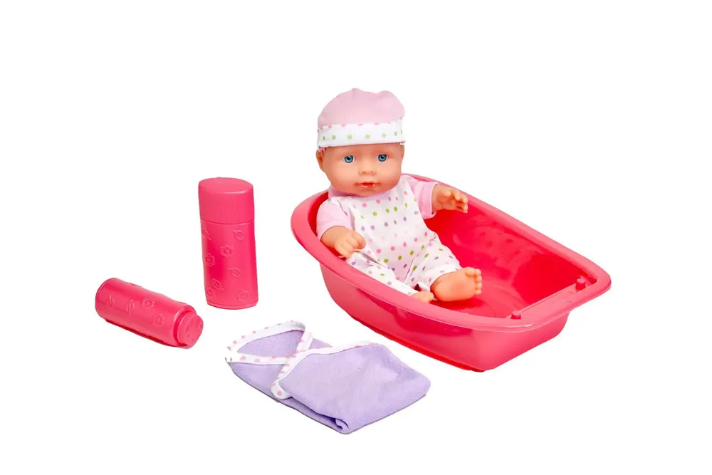 בובת תינוק באמבטיה בובת תינוק 20 ס”מ + אמבטיה ואביזרים הבובה מגיעה עם אמבטיה לתינוק, מגבת ושני בקבוקוני סבון רחצה