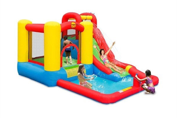 מתנפח לבריכה מבית הפי הופ 9271N הכולל מגלשה משטח קפיצות בריכה תותח מיים ומפוח