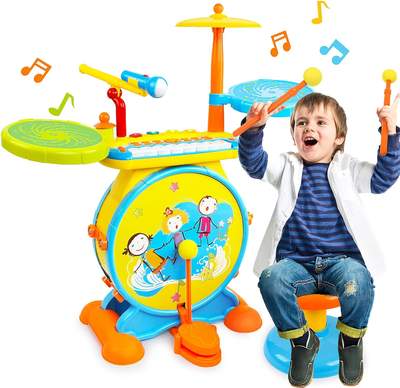 BAOLI ערכת תופי ג'אז אלקטרונית לילדים כלי נגינה ילד ובת כלי נגינה אלקטרונית לילדים עם מקלדת פסנתר ומיקרופון
