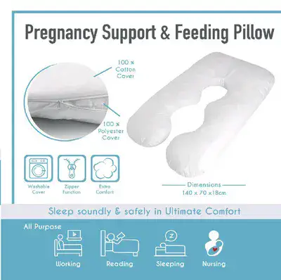 כרית הריון שמשמשת לתמיכה והאכלה עם כיסוי בד כותנה בצבע לבן