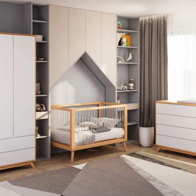 חדר לתינוק הונג קונג- טריקה שקטה חדר שינה המשלב גווני לבן ועץ שידה 120 ס"מ