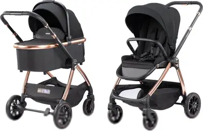 Infanti אינפנטי עגלת תינוק משולבת כולל אמבטיה וטיולון דגם Leona ליאונה צבע העגלה רוזגולד-שחור