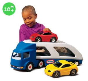 מוביל מכוניות לילדים עשוי פלסטיק קשיח ואיכותי, כולל משאית ו2 כלי רכב!! מוצר מנצח מבית little tikes הענקית!!