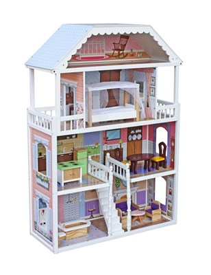 בית בובות מעץ מפואר 4 קומות כולל 12 פריטי ריהוט וגרם מדרגות מרכזי