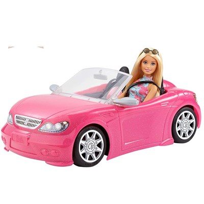 בובת ברבי עם שמלה אופנתית ורכב ספורט