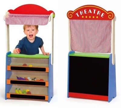 עמדת משחק דו-צדדית דוכן ירקות ותיאטרון בובות מעץ מלא + 20 ירקות משחק Viga