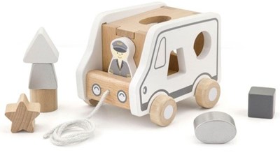 משאית התאמת צורות מעץ מלא בצבע לבן וטבעי עם חוט + 7 חלקים מבית Viga