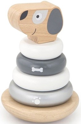 מגדל טבעות יחודי בצורת כלבלב מעץ מלא 6 חלקים מבית Viga בצבעים לבן ואפור.