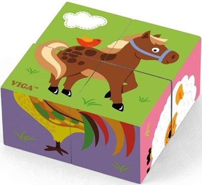 פאזל עץ קוביות לתרגול ולמשחק 6 תמונות חיות האסם מבית Viga