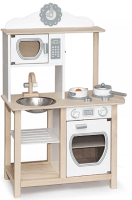 מטבח עץ לילדים משולב לבן וטבעי עם כיור, תנור ו-7 פרטי איבזור VIGA בצבע לבן טבעי