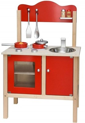 מטבח בעיצוב מודרני עץ אדום לילדים עם כיור, ארון ו-8 פרטי איבזור Viga