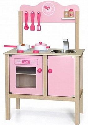מטבח לילדים בצבע ורוד טבעי וורוד עם כיור, תנור, ארון ו-10 פרטי איבזור Viga