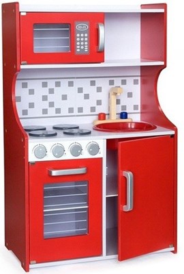 כמו הדבר האמיתי! מטבח משחק מיוחד וגבוה בצבע אדום מעץ לילדים עם כיריים, כיור ומיקרוגל - מודרני Viga