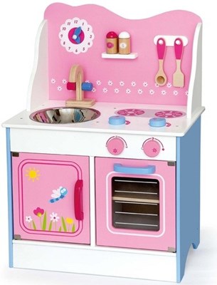 מטבח לילדים מהאגדות ורוד שמח עם כיור, תנור, ארון ו-9 פרטי איבזור Viga