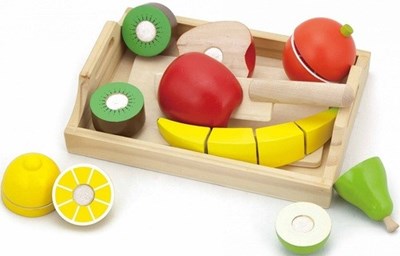 סט חיתוך פירות צבעוניים ועסיסים במגש מעץ מלא מבית VIGA