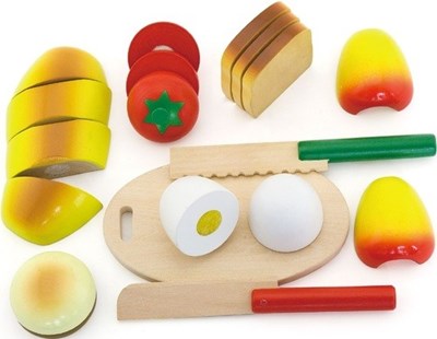 סט אוכל עם קרש חיתוך מעץ מלא מבית VIGA מעולה למשחקי דמיון האוכל כולל לחם, ביצה, לחמנייה, פרי ועגבנייה