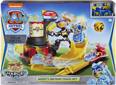 סט מסלול מכוניות Mighty Meteor מבית Paw Patrol הצטרפו למרדפי סיורים של Paw Patrol עם צ'ייס והצטרפו למסלול מירוצים והצילו את המטאור!