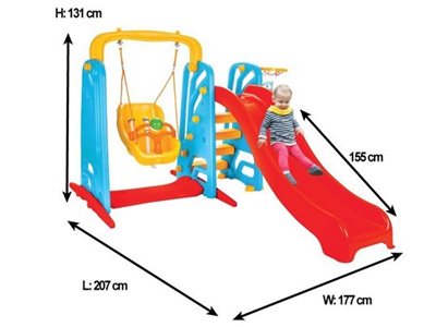 מתקן חצר חזק ועמיד כולל פעילויות שונות בניהן: מגלשה, נדנדה וסל קליעה מתאים לשימוש פנימי או חיצוני