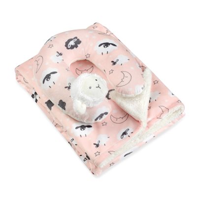 שמיכת פליז כוללת כרית תמיכה לראש 100X75 דגם ירח וכוכבים ורוד