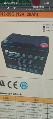 מצבר ג'ל פריקה עמוקה 12v/28a לטעינה מס רב של פעמים. שנה אחריות.